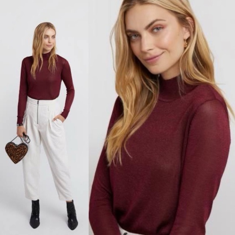 Rebecca Minkoff Adele Mock Neck Sweater Burgundy Glitter Mesh Long Sleeve Top S